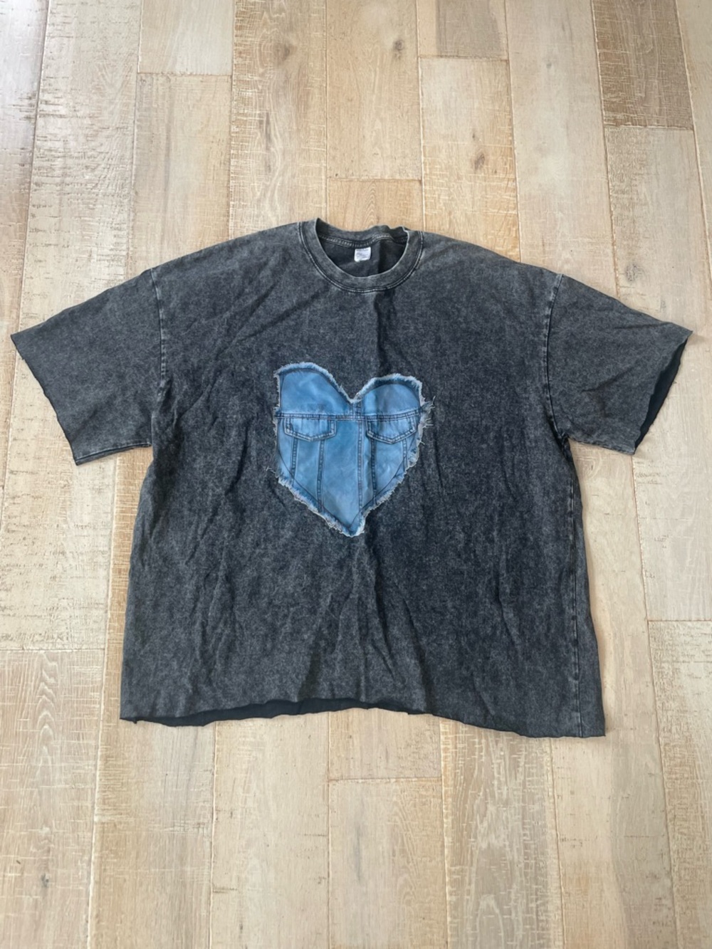 Women’s 2X Charcoal Washed Crewneck Tee with Heart Appliqué Casual Street Style